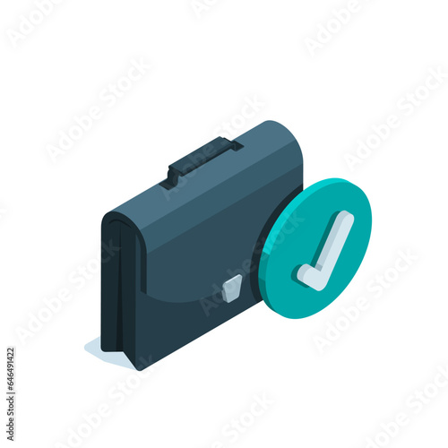 isometric business briefcase with check mark icon in color on white background, acceptance or approval