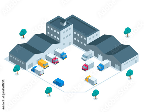 isometric industrial object in the form of a warehouse and vehicles in color on a white background, cargo loading and transport cargo transportation