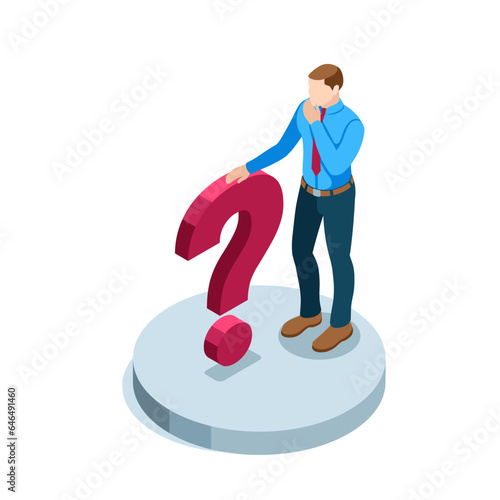 isometric business man in a thoughtful pose stands near a question mark in color on a white background, a problem or a difficult task