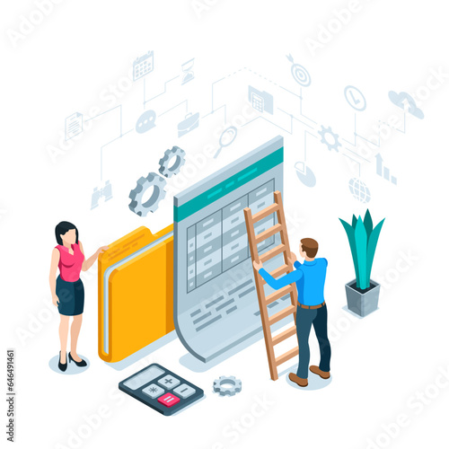 isometric business man with ladder near folder with file table in color on white background, working with analytical data or statistical processing