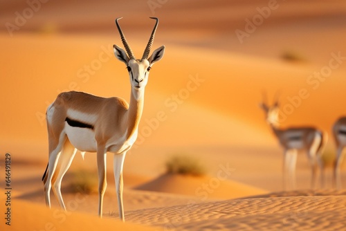 Arabian sand gazelle grazing in the desert near Al Qudra lakes. Generative AI