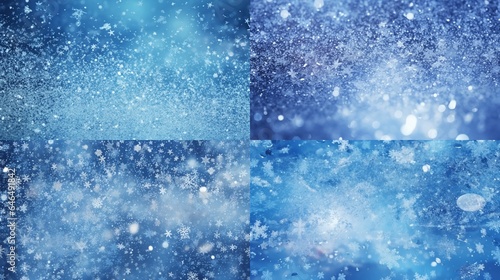 Background of blue and silver frozen snow, winter, ice cold, sparkle stars, and glitter. Abstract holiday, Christmas, and New Year texture