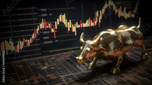 A golden bull statue symbolizing bullish market trends, positioned against a backdrop of dynamic stock market charts and candlesticks. Symbolizing Market Optimism and Growth.