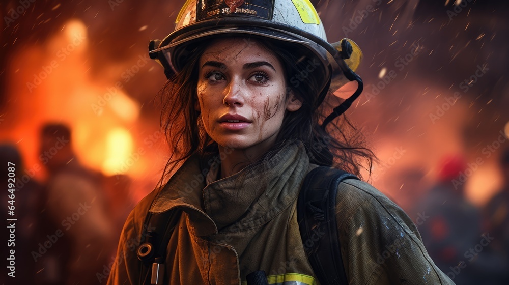 Female firefighter against the backdrop of a burning building. Female firefighter against the backdrop of a burning building.