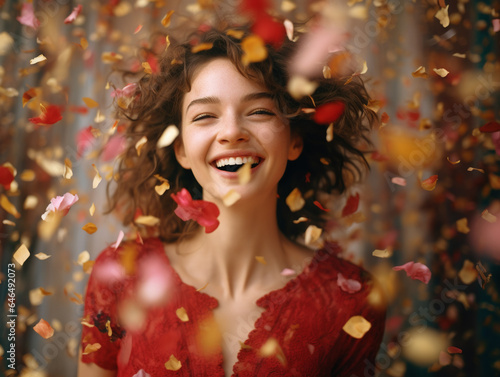 Portrait of smiling beautiful young woman at the party surrounded with confetti