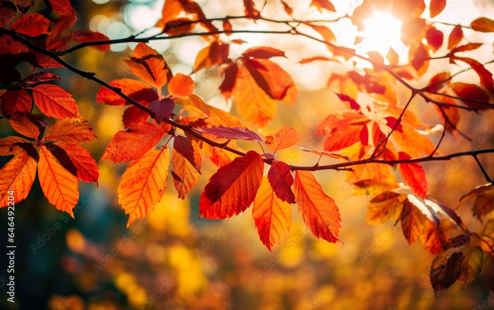 Autumn colorful bright leaves swinging in a tree. AI, Generative AI Autumn colorful bright leaves swinging in a tree. AI, Generative AI