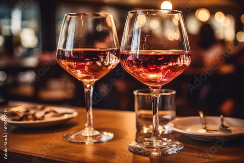 Two glasses of red wine on a wooden table in a restaurant.