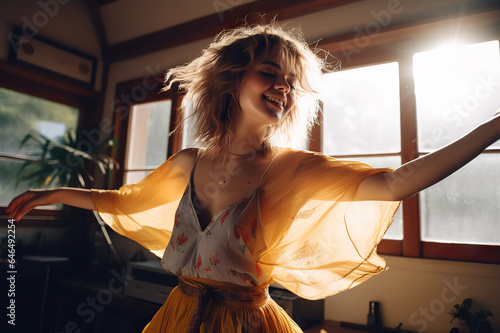 A Young Woman Expresses Freedom and Vitality in a Joyful Solo Dance at Home, a Genuine Celebration of Emotion and Personal Lifestyle. created with Generative AI