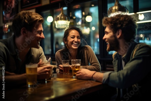 group of young friends people drinking beer in the bar.