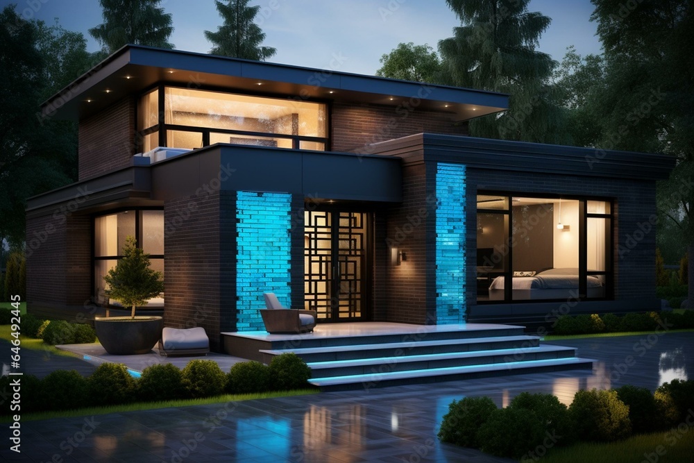 Contemporary house with black brick tile finishing and turquoise illuminated window elements at night. Generative AI