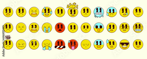 Vector emoticon set. Cartoon retro emoji set with outline. Vintage icons sticker label in retro style. Flat vector illustration. Simple symbols funny cute comic characters. Sad and angry characters