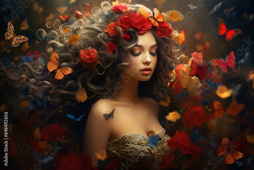Woman with flowers in her silken hair surrounded by butterflies © Pillow Productions