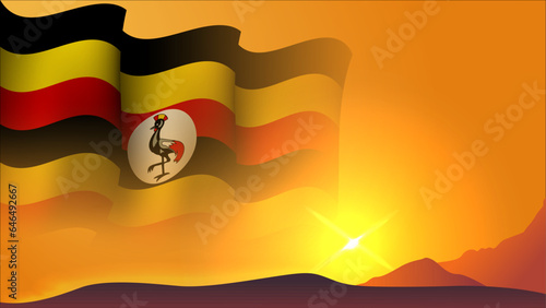 uganda waving flag concept background design with sunset view on the hill vector illustration photo