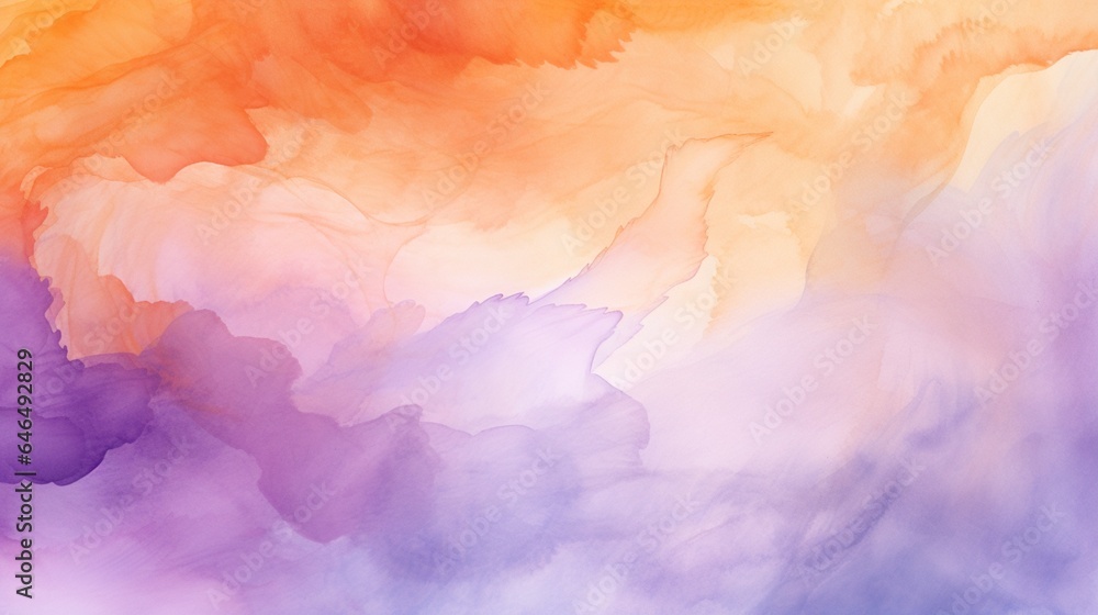 Beautiful orange and violet watercolor background, contemporary aquarelle abstract artwork, and hand-drawn watercolor illustration