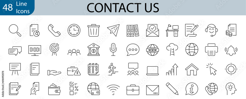 set of 48 line web icons Contact us. Support, message, phone, globe, point, chat, call, info. Collection of Outline Icons. Vector illustration.