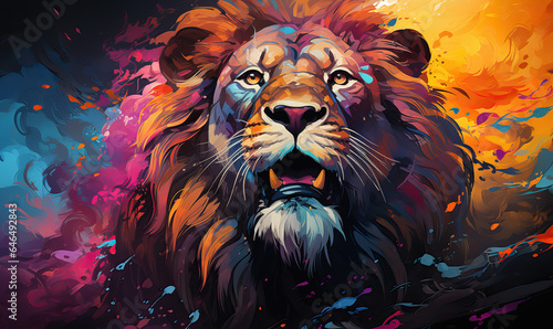 Abstract  colorful portrait of a lion on a colored background.