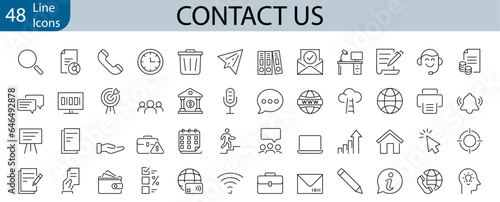 set of 48 line web icons Contact us. Support, message, phone, globe, point, chat, call, info. Collection of Outline Icons. Vector illustration.