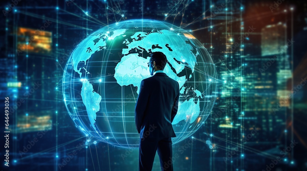 Businessman look analytic digital circuit graphic technology. AI generated image Businessman look analytic digital circuit graphic technology. AI generated image
