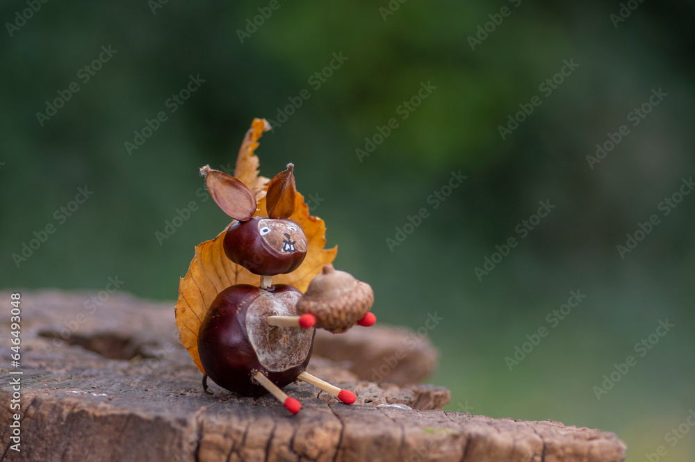 Funny chestnut squirell animal with cute face on natural background, traditional autumnal handcraft with children