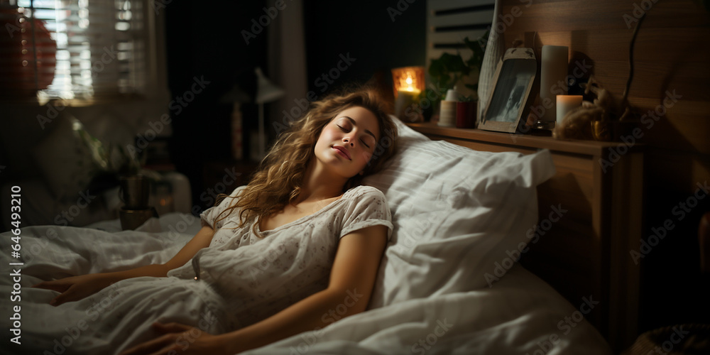 Hübsche Frau liegt im Bett schlafend wie im siebten Himmel mit Wolken bequem und ruhig Querformat für Banner, ai generativ Hübsche Frau liegt im Bett schlafend wie im siebten Himmel mit Wolken bequem und ruhig Querformat für Banner, ai generativ