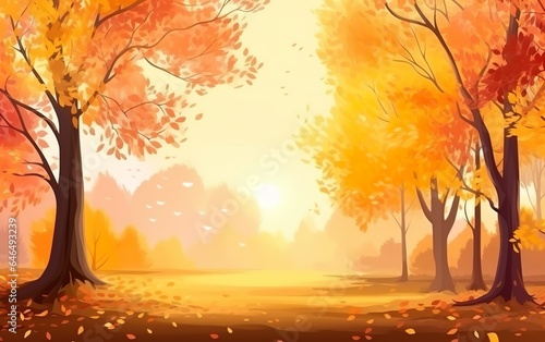 Beautiful autumn landscape with yellow trees and sun. AI  Generative AI