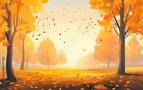 Beautiful autumn landscape with yellow trees and sun. AI, Generative AI