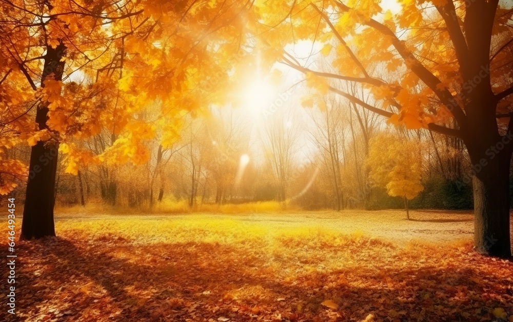 Beautiful autumn landscape with yellow trees and sun. AI, Generative AI