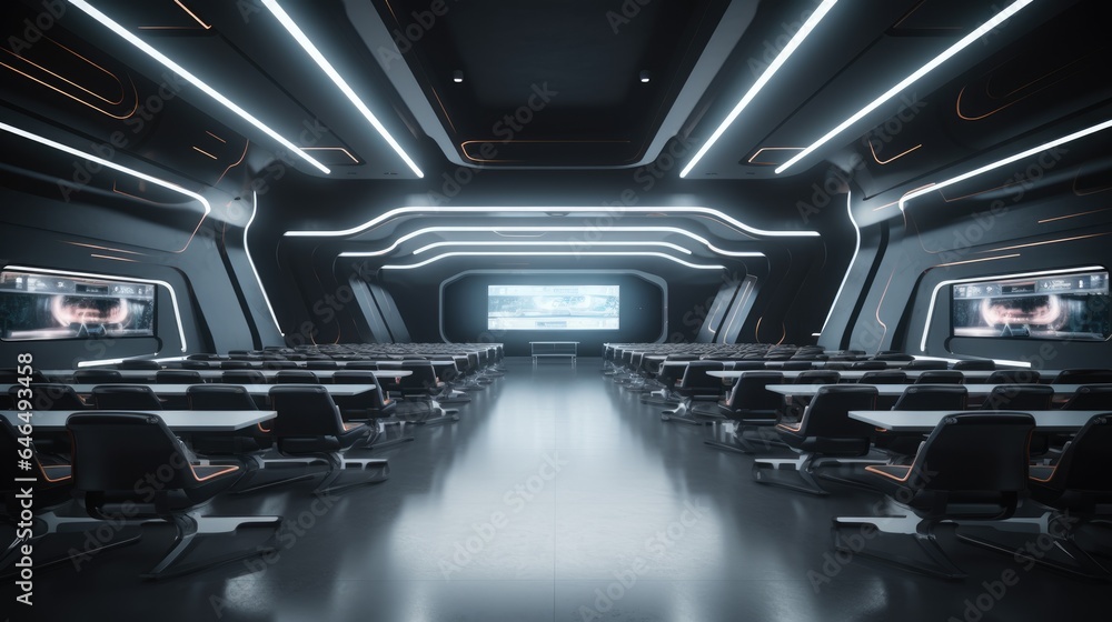 Futuristic classroom in school of the future. Classroom for classes or lectures - obrazy, fototapety, plakaty 