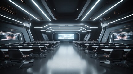 Futuristic classroom in school of the future. Classroom for classes or lectures