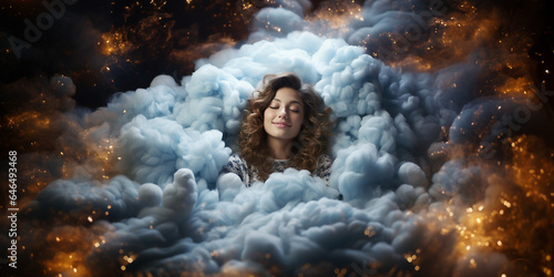 Hübsche Frau liegt im Bett schlafend wie im siebten Himmel mit Wolken bequem und ruhig Querformat für Banner, ai generativ © www.freund-foto.de