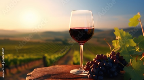 Glass of red wine at sunset with vineyards in the background.