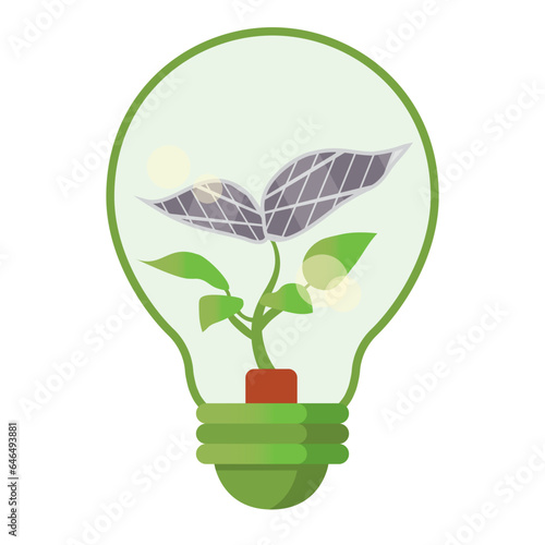 Green Solar panels tree growing in light bulb. Green energy concept. 