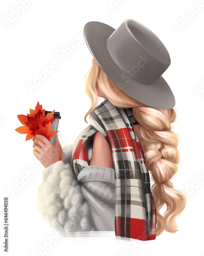 Digital illustration of hand painted autumn girl with leaves