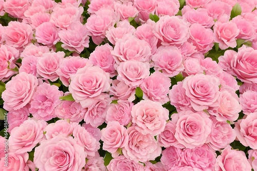 優雅なピンクのバラが織りなす鮮やかなパターン：完全に開花したバラの花びらと緑色の葉が織り成す自然の美しさを捉えたトップダウンパースペクティブの写真 © sky studio