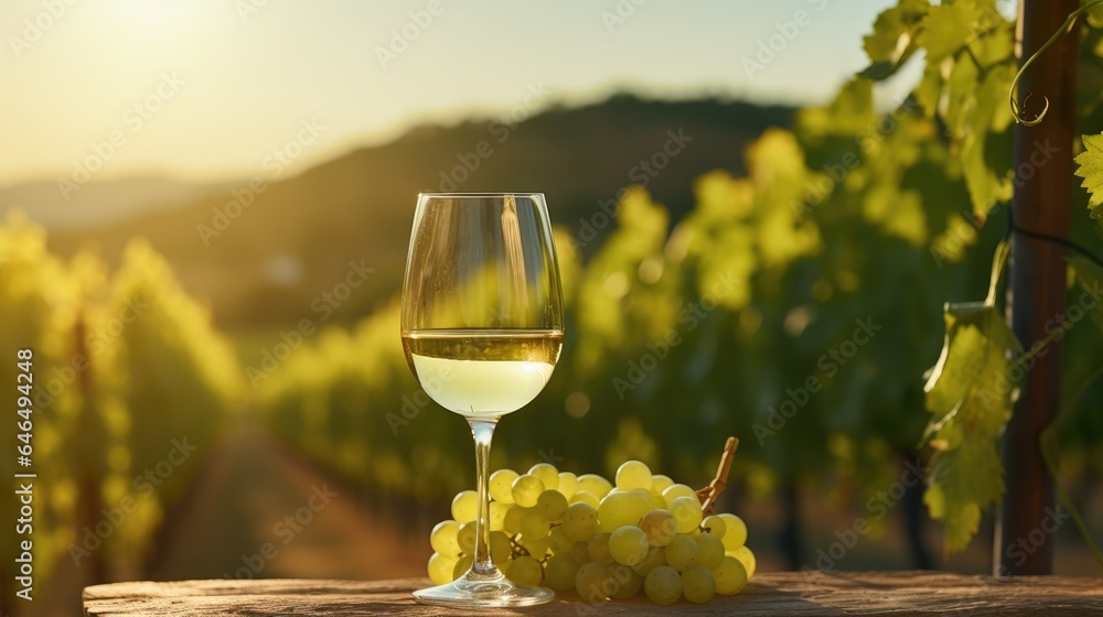 A glass of white wine against the backdrop of vineyards in the sun.