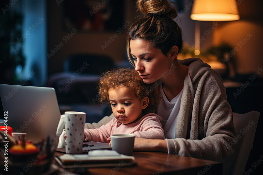 Resilient Single Mother Navigates Work and Parenting at Home, Masterfully Multitasking with Laptop, Embodying the Complexity of Her Life's Priorities. created with Generative AI