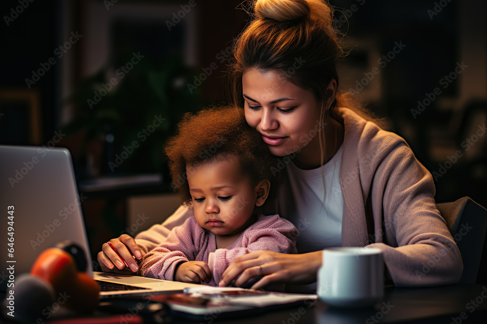 Resilient Single Mother Navigates Work and Parenting at Home, Masterfully Multitasking with Laptop, Embodying the Complexity of Her Life's Priorities. created with Generative AI Resilient Single Mother Navigates Work and Parenting at Home, Masterfully Multitasking with Laptop, Embodying the Complexity of Her Life's Priorities. created with Generative AI