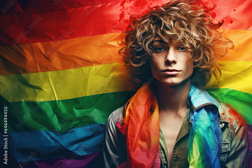 Gay Young Blonde Man Posing in Front of Gay Pride Rainbow Flag, Generative AI