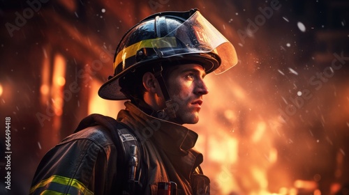A courageous firefighter against the backdrop of a burning building.