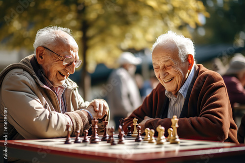 Elderly Friends Embrace Intellectual Challenge, Engaging in Outdoor Chess Game, Celebrating Senior Vitality and Lifelong Companionship. created with Generative AI