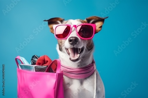 Tableau sur toile Cute dog in sunglasses with shopping bags on a blue background