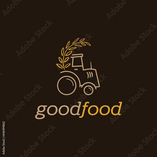 Minimal tractor line art logo design, modern retro agro farm golden rice wheat mill logo