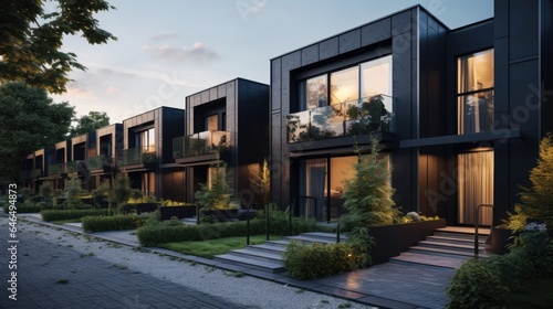 Modern modular private black townhouses. Residential architecture exterior.