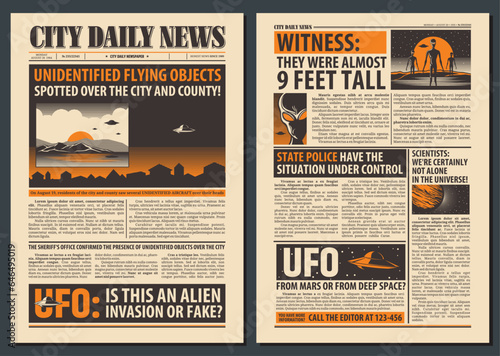 Newspaper template. Extraterrestrial alien, UFO and space planets on newsprint paper vector background. Newspaper front page layout with alien invasion headline, flying saucer and martian articles