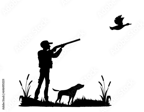Hunting silhouette. Hunter with shotgun, flying duck and dog. Duck hunting season scene, shooting sport or hobby, animal hunt trophy vector background with man aiming rifle on duck, pointer dog