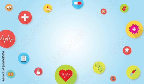 Fototapeta Naklejka Na Ścianę i Meble -  Medical background with flat icons and symbols, template design concept for healthcare technology, vector illustration.