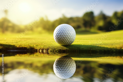 Close-Up Shot of Golf Ball on Green Turf, Hobby, Leisure, Sport, Championship, Generative AI