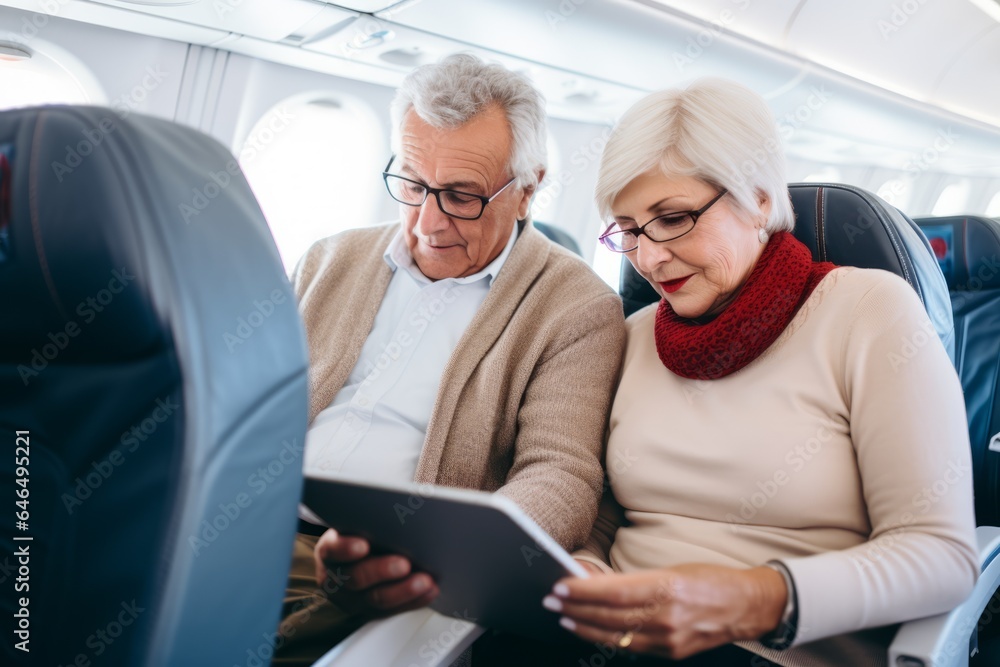 senior couple using digital tablet while sitting in airplane, travel concept