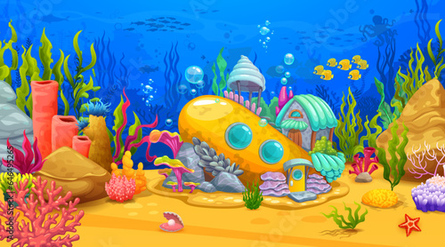 Cartoon sea underwater landscape with submarine house on bottom, vector undersea background. Ocean underwater home dwelling of marine creature in bathyscaphe or seashell house of coral reef world