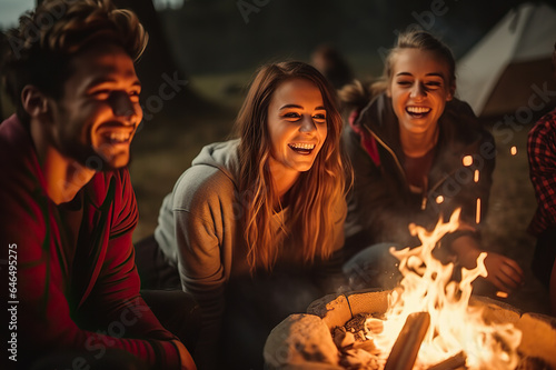 Joyous Group of Millennials Share Laughter and Friendship Around a Campfire in the Wilderness. created with Generative AI